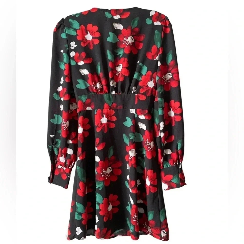 URBAN OUTFITTERS | Michelle Plunging Red & Black Floral Mini Dress Size XS - Picture 4 of 8